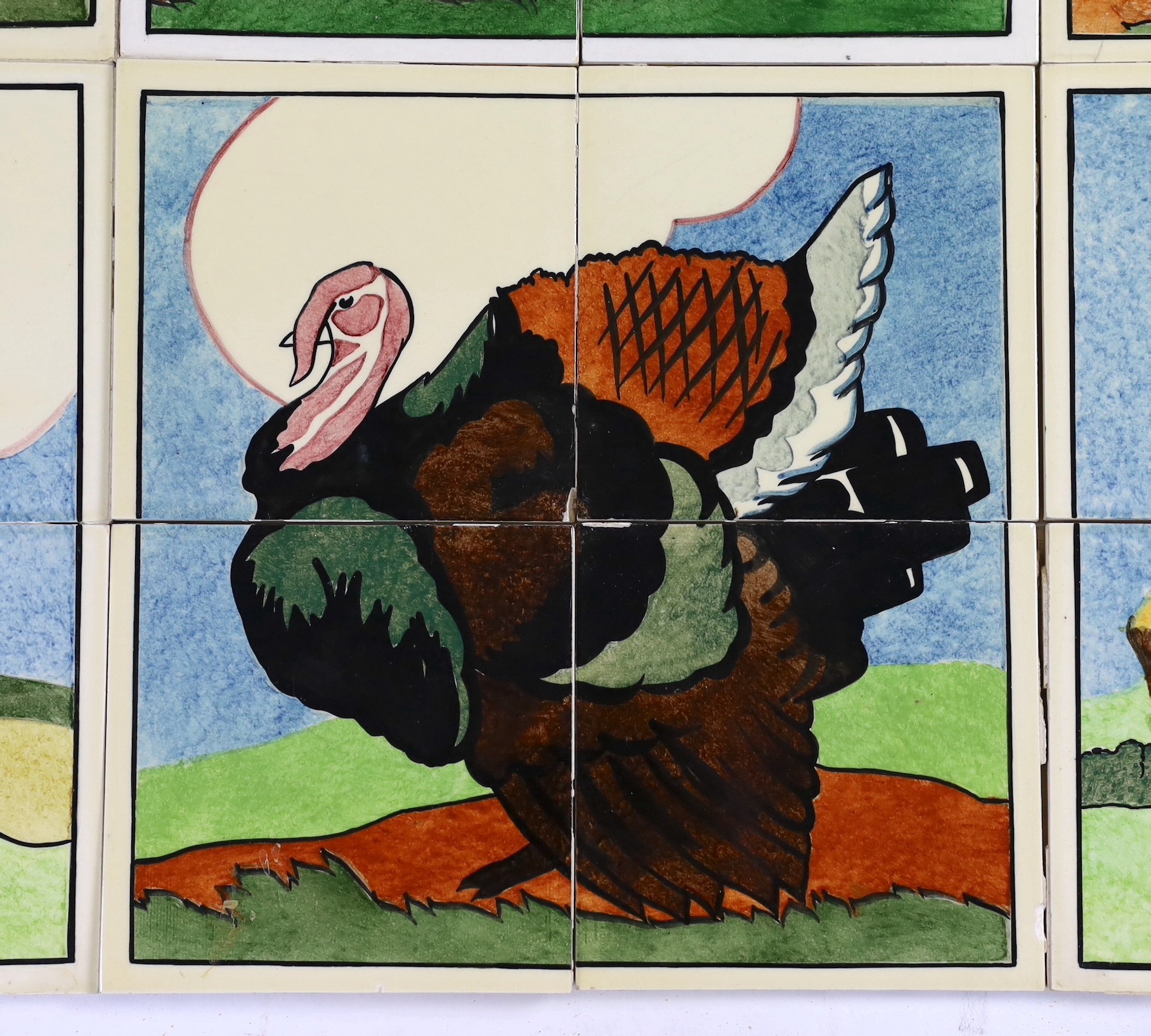 E.E. Strickland for Carter & Co, Poole pottery, six sets of four tile panels of animals and farm scenes, each tile 15.2cm (6in.) square and each set of four tiles 61cm square, minor faults